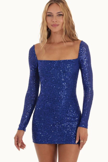 Sexy Long Sleeve Solid Sequin Slim Bodycon Mini Sequin Dress