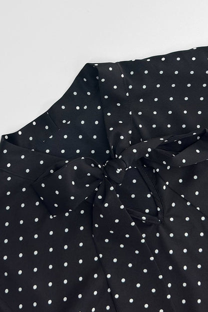 Polka Dot Tie Neck Flare Sleeve Blouse