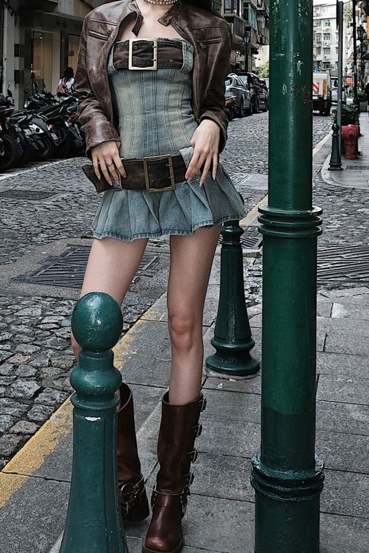 Retro Sexy Belted Denim Dress