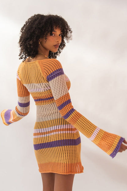 Striped Knit Sexy Cut Out Mini Bodycon Sweater Dress