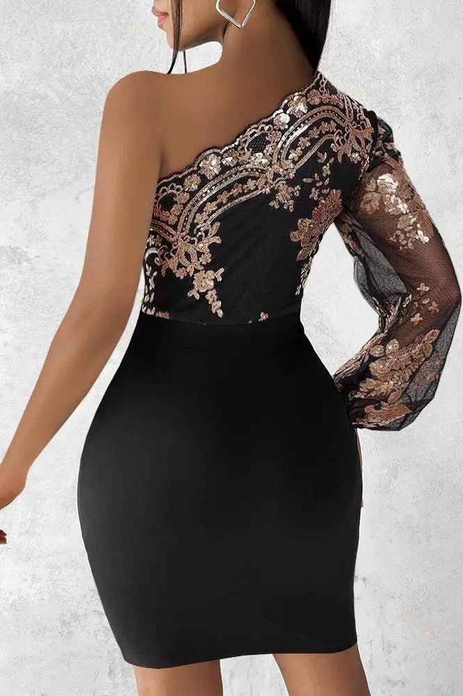 Sequin Patchwork One Shoulder Long Sleeve Bodycon Cocktail Dress