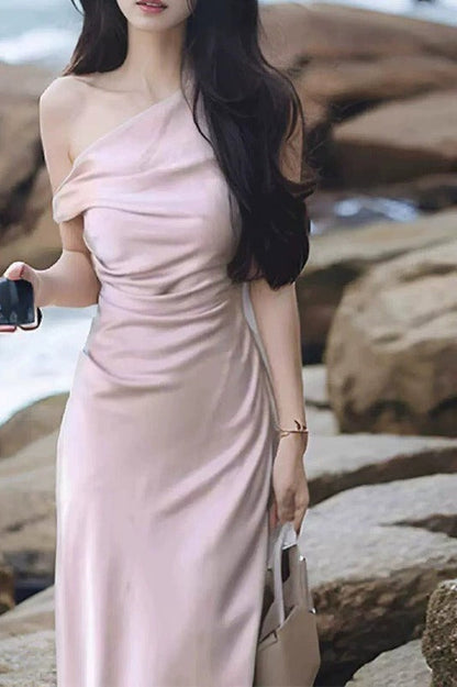 Satin Asymmetrical Cowl Neck Mermaid Gown Silk Dress