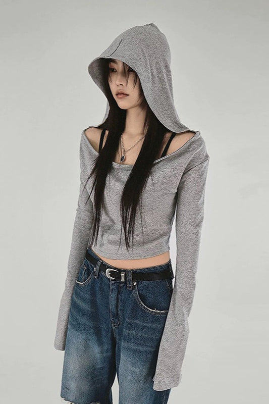 Grey Off-Shoulder Hoodie