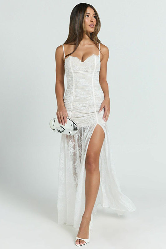 Sheer Ruched Split Cami Maxi Lace Dress