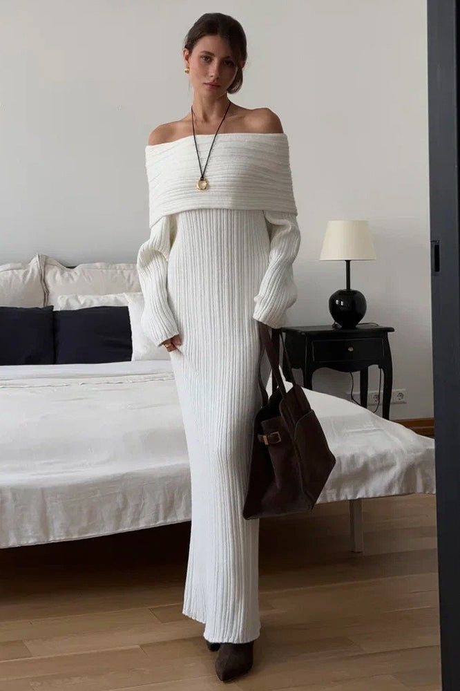 Knit Off Shoulder Long Sleeve Bodycon Sexy Sweater Dress