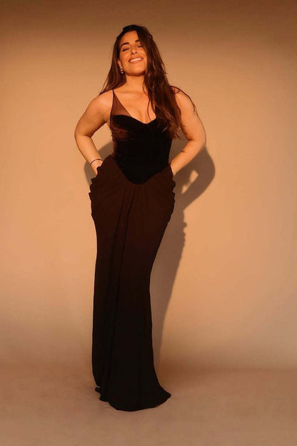 Cami Backless Mesh Paneled Waist Slim Elegant Long Formal Dress