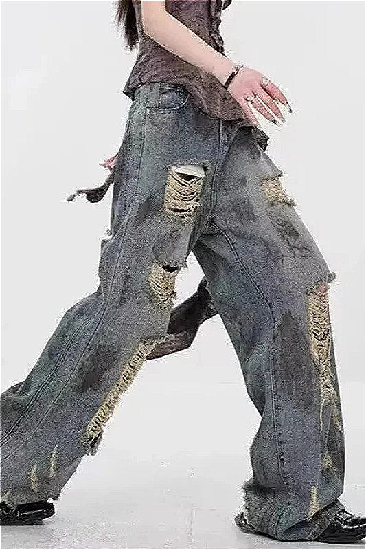 Ripped Mid Rise Straight Leg Jeans