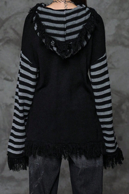Y2K Skull Striped Knit Hoodie