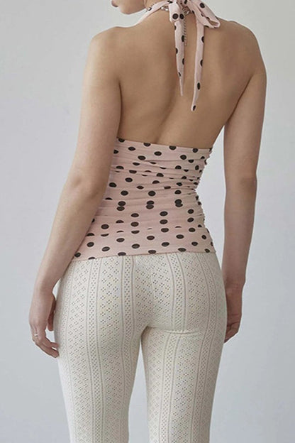 V Neck Halter Polka Dot Blouse