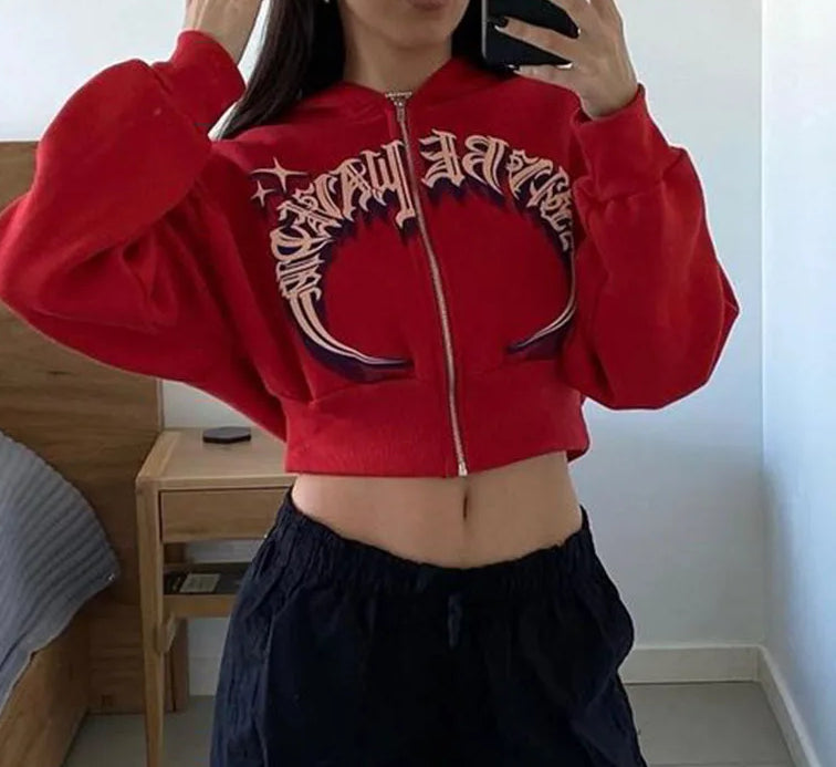 Letter Zip Up Cropped Hoodie