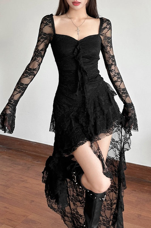 Long Sleeve Irregular Hem Lace Dress