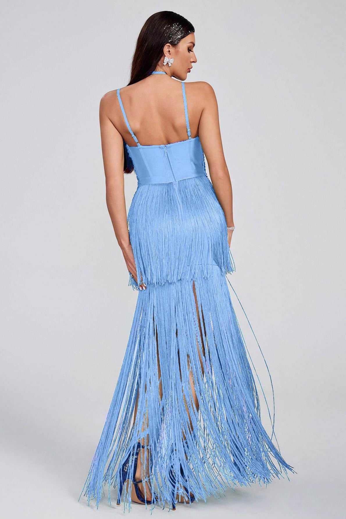 Sexy Halter Sling Maxi Fringe Hem Cocktail Dress