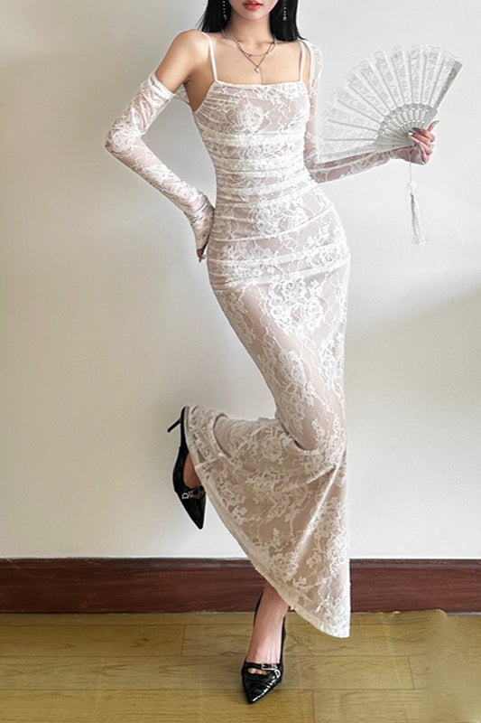 Fish Tail Square Neck Lace Dress