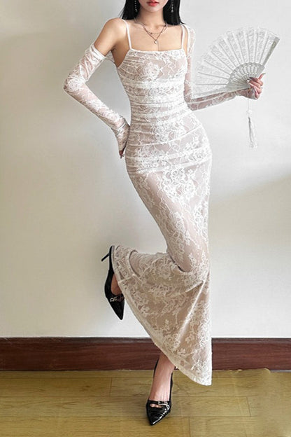 Fish Tail Square Neck Lace Dress