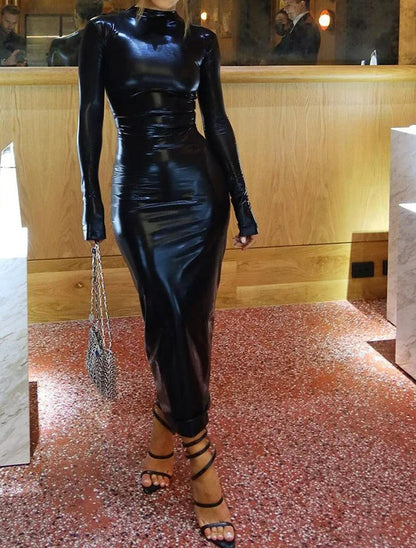 Autumn PU Faux Leather Long Sleeve Midi Dress