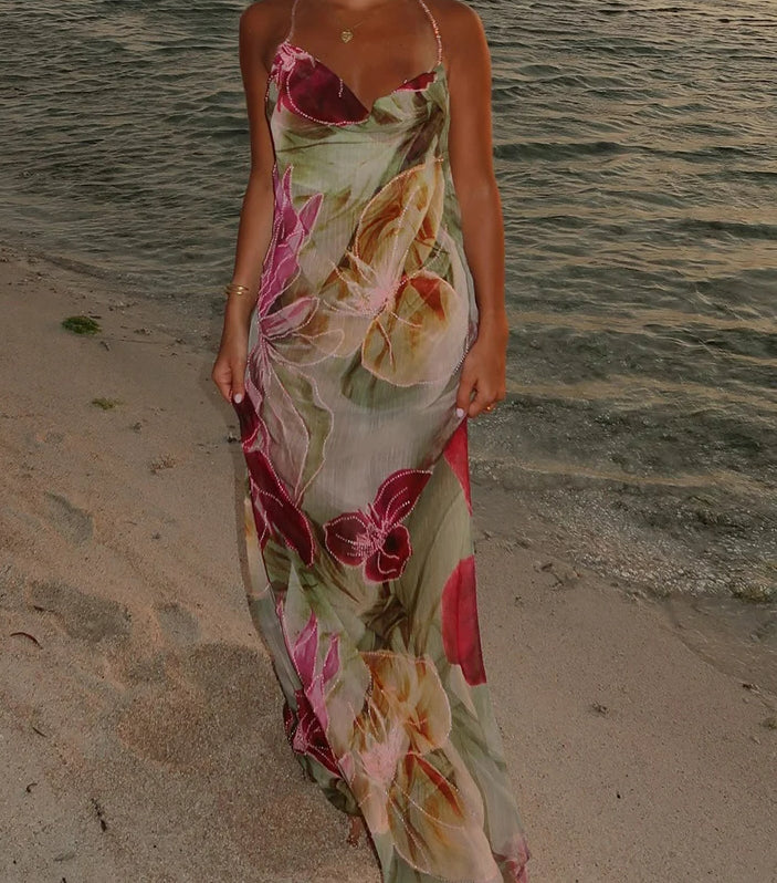 Slim Cleavage Backless Print Floral Dress