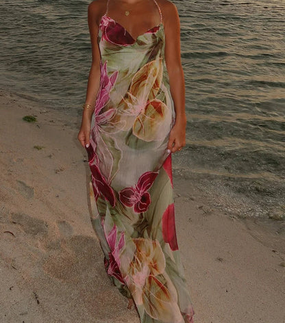 Slim Cleavage Backless Print Floral Dress