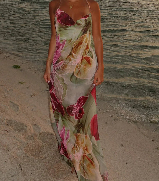 Slim Cleavage Backless Print Floral Dress