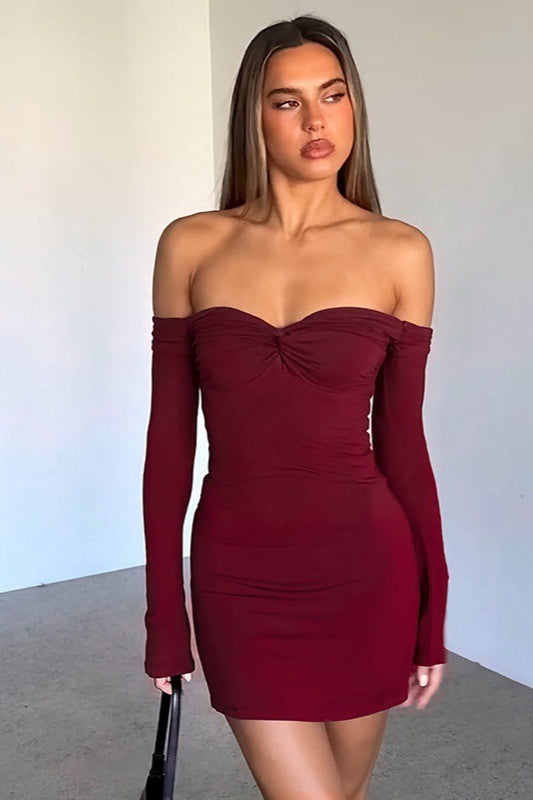 Solid Off-Shoulder Low Cut Ruched High Waist Elegant Cocktail Dress