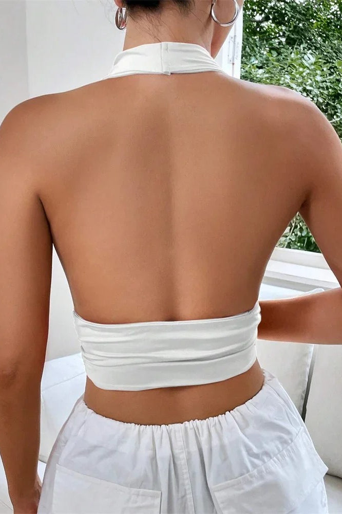 Backless Halter V-Neck Crop Top