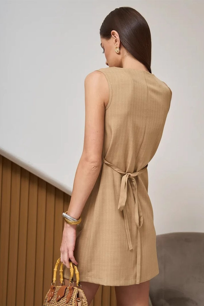 Sleeveless Button Front Tie Work Dress