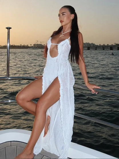 Ruched Camis Solid Split Midi Dress