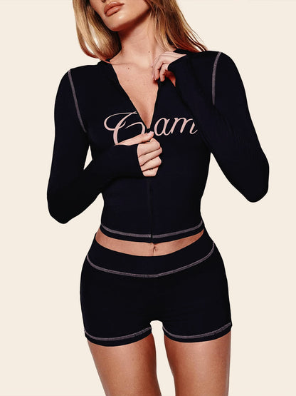 Leopard Zip Biker Shorts Knit Set