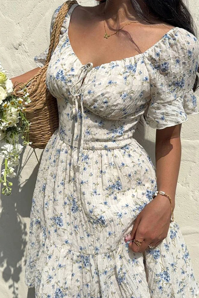 Lace-Up V-Neck Backless Floral Dress