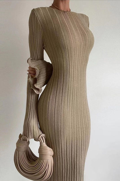 Sexy Bodycon Ruffled Long Sleeve Knit Maxi Sweater Dress