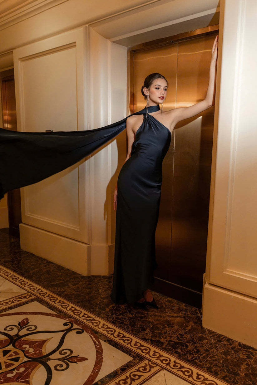 Satin Halter Low-Back Party Dress