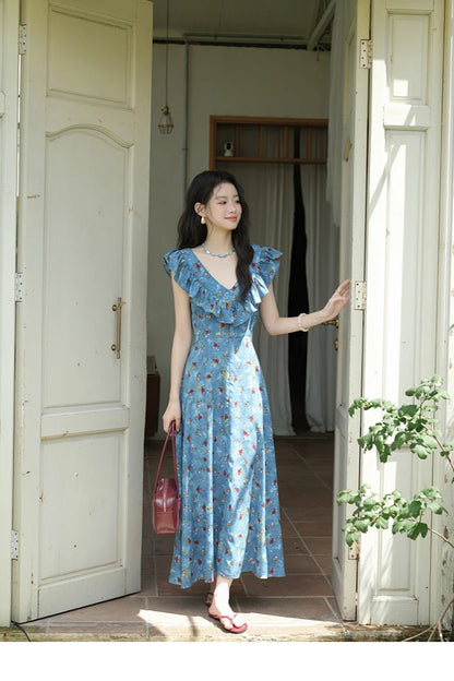 V-Neck Ruffled Midi Floral Dress