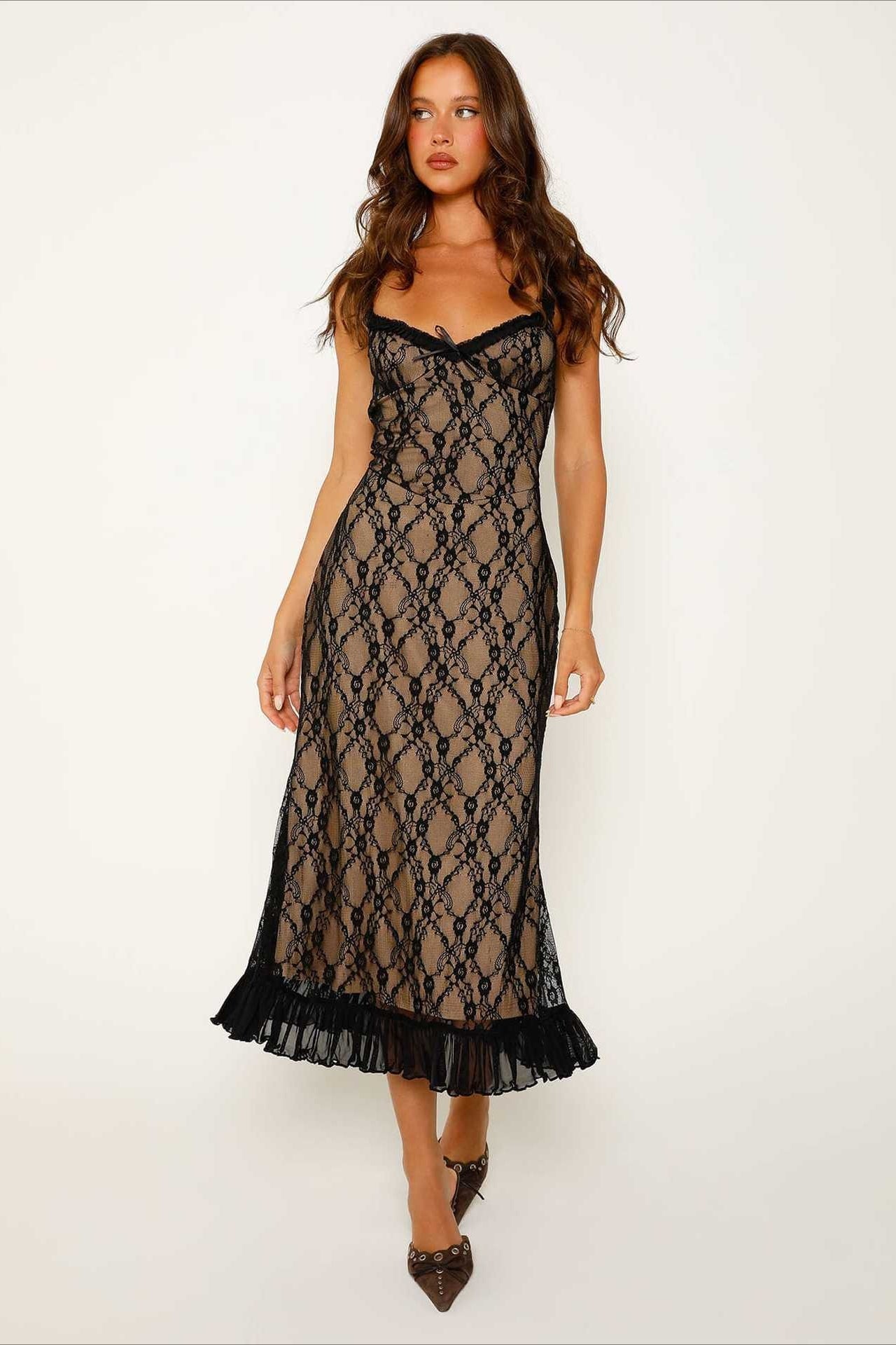 Sexy Deep V Mesh Patchwork Lace Dress