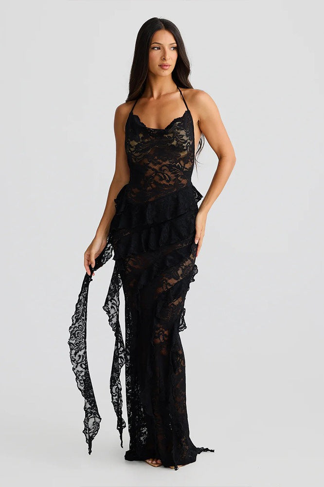 Backless Lace Halter Maxi Dress