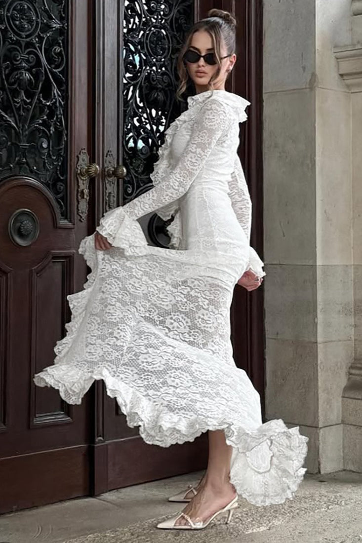 Sheer Panel Fluted Sleeve Party Dress