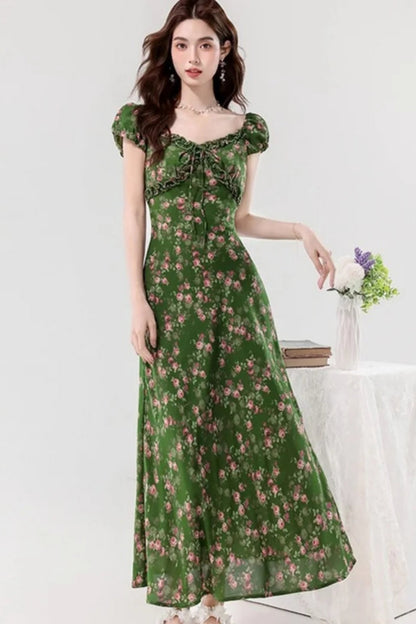Retro Slim Green V-Neck Floral Dress