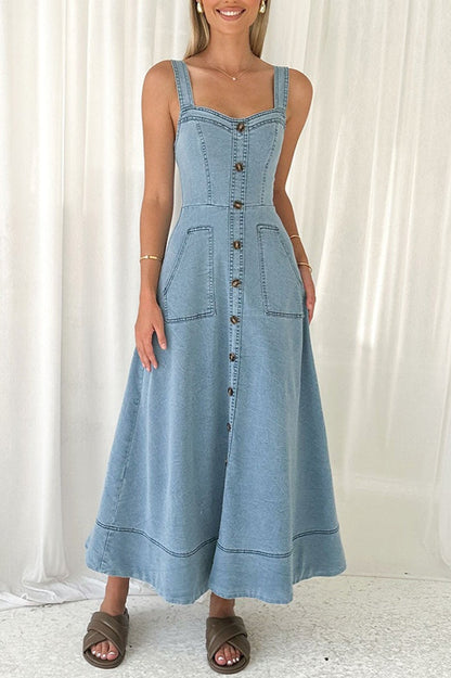 Strappy Backless Maxi Denim Dress