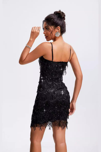 Tassel Sleeveless Party Rhinestone Sequin Dress