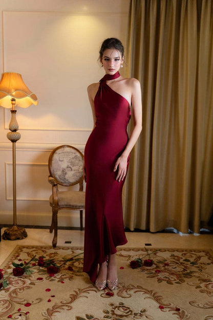 Satin Halter Low-Back Party Dress