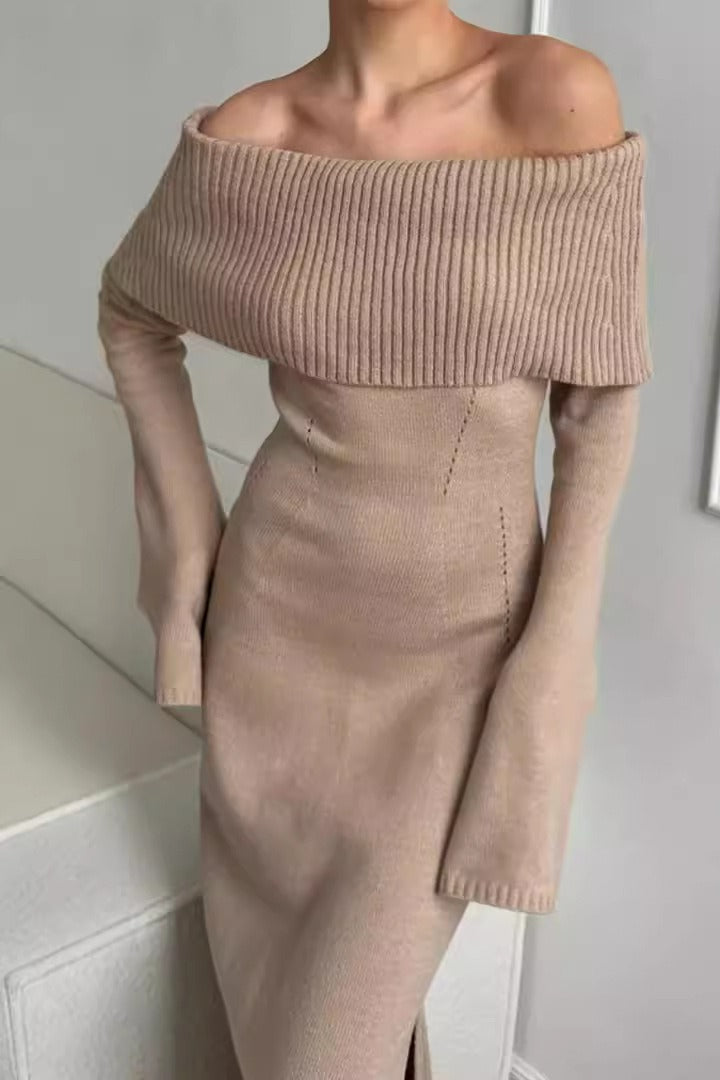 Collared Off-Shoulder Sexy Knit Sweater Dress