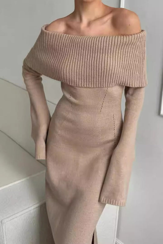 Collared Off-Shoulder Sexy Knit Sweater Dress