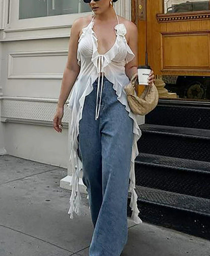 Ruffles Flowers Mesh Tank Sheer Top