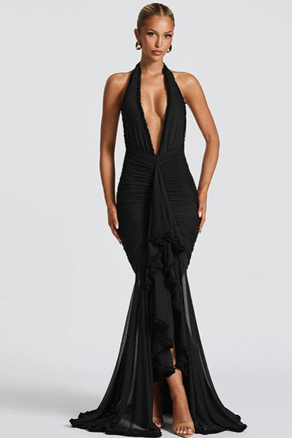 Elegant Mesh Paneled V Neck Halter Backless Long Formal Dress