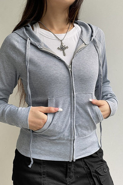 Gray Hooded Zip-Up Cropped Hoodie
