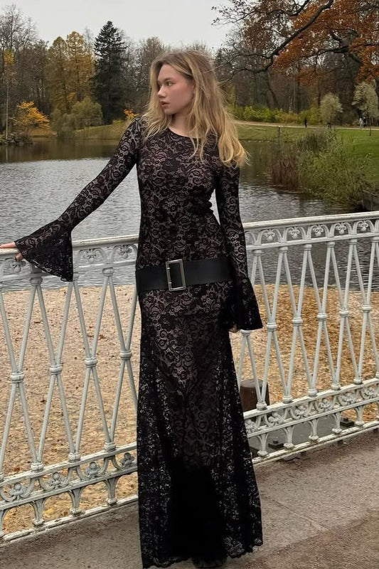 Sexy Bell Sleeve Backless Lace Dress