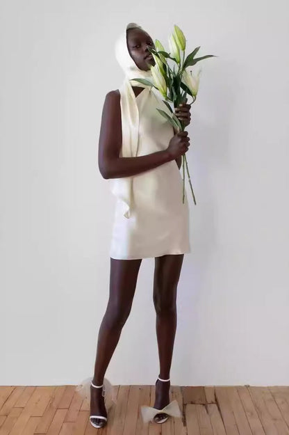 Backless Adjustable Halter Satin Cocktail Dress