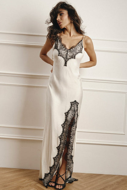 Satin Spaghetti Strap Split Lace Dress