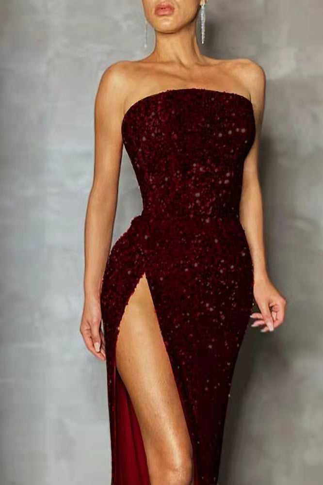Sequin Split Strapless Off Shoulder Sexy Formal Dress