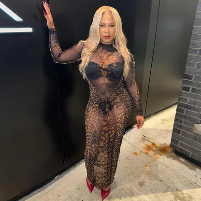 Mesh Leopard See Through Midi Dress