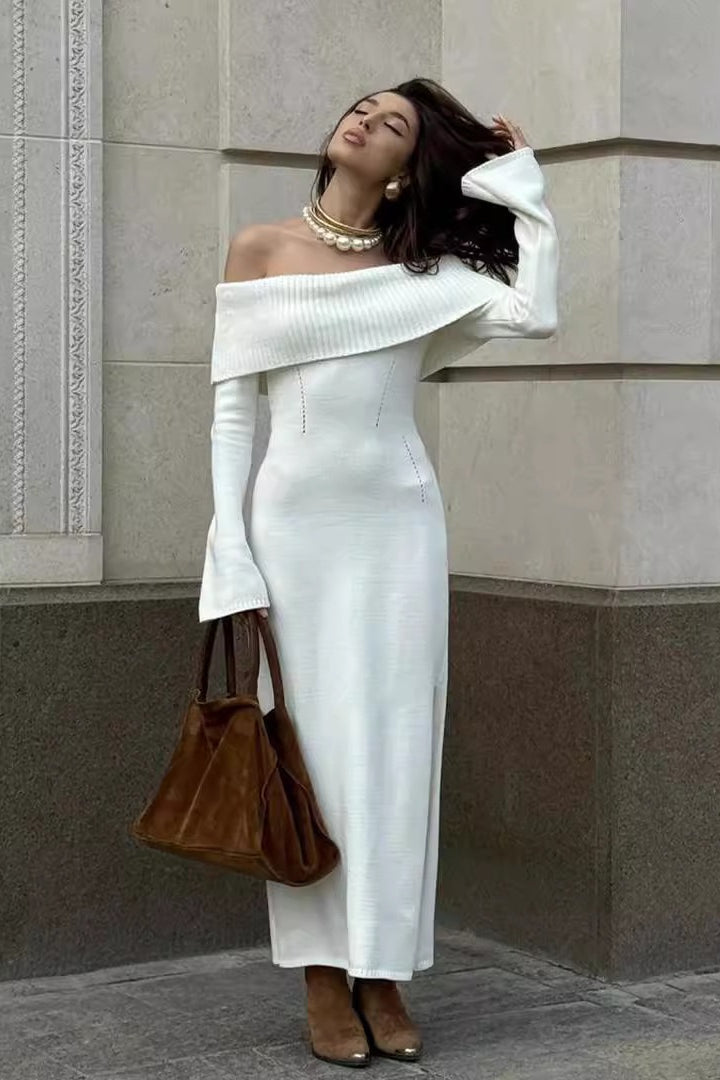 Collared Off-Shoulder Sexy Knit Sweater Dress
