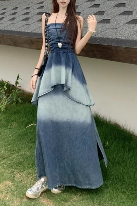 Ombre Strapless Denim Dress